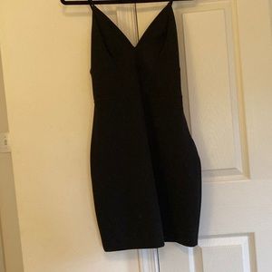 Fitted Black mini dress with a v-neckline, adjustable straps, and side zipper